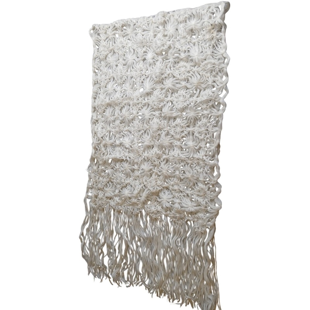 Vintage Crochet Long 64'Scarf Cream Handmade Open Weave Boho Fringe 17' Wid#496C